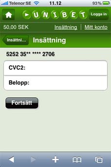 Insättning - Unibet i mobilen