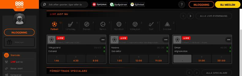 888sport utbud & odds