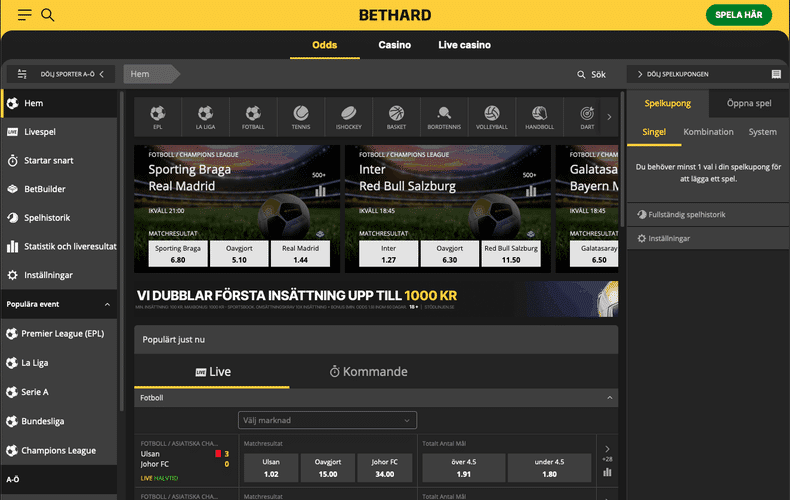 Bethard bonus, live stream, recension, oddsutbud, livebetting, i mobilen